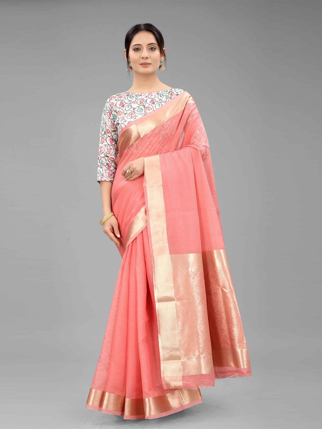 

Silk Land Pink & Gold-Toned Zari Fusion Saree