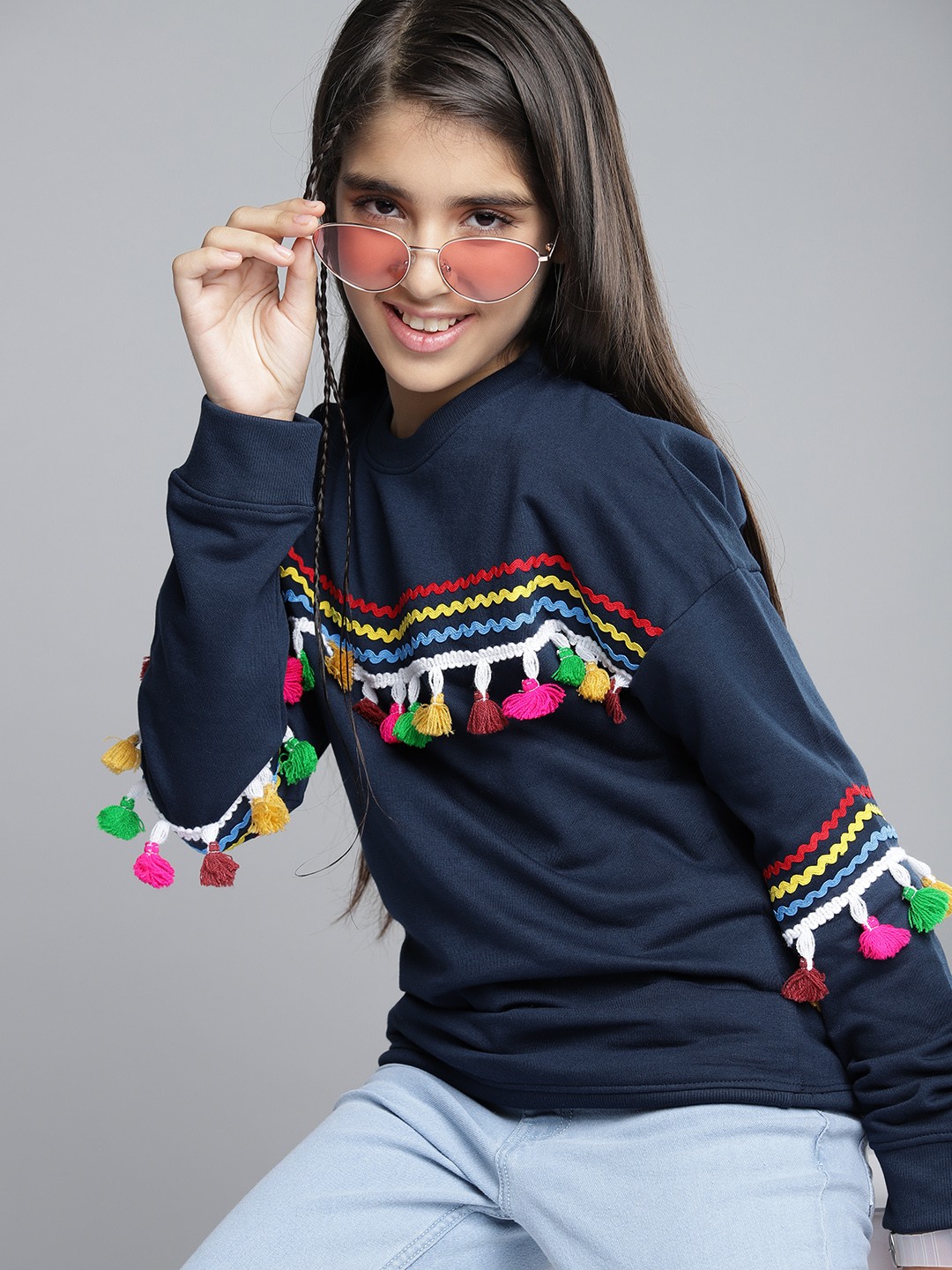 

YK Teen Girls Navy Blue & White Solid Sweatshirt with Lace & Pom-Poms