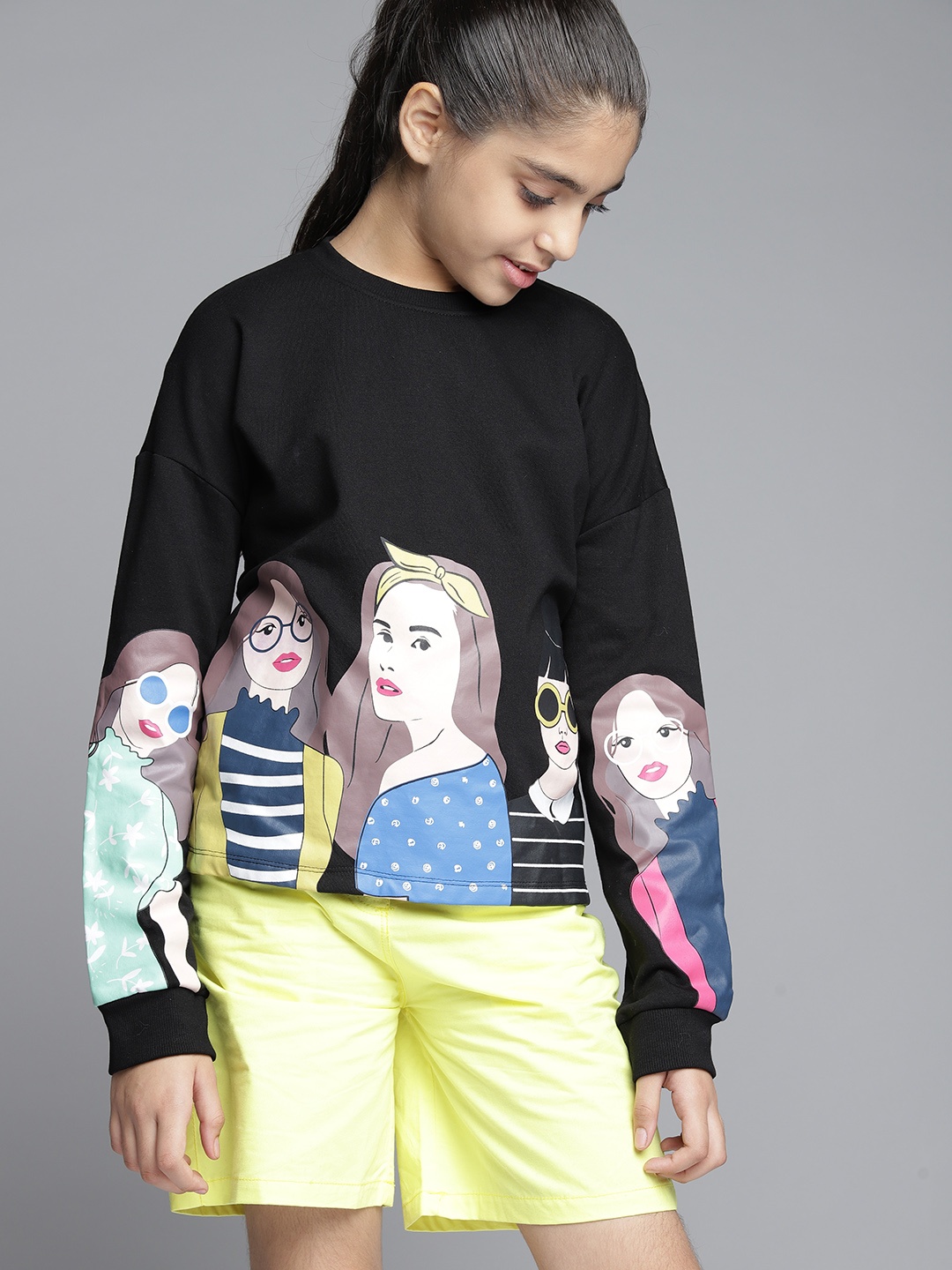 

YK Teen Girls Black & Blue Graphic Printed Sweatshirt with Drop-Shoulder Sleeves