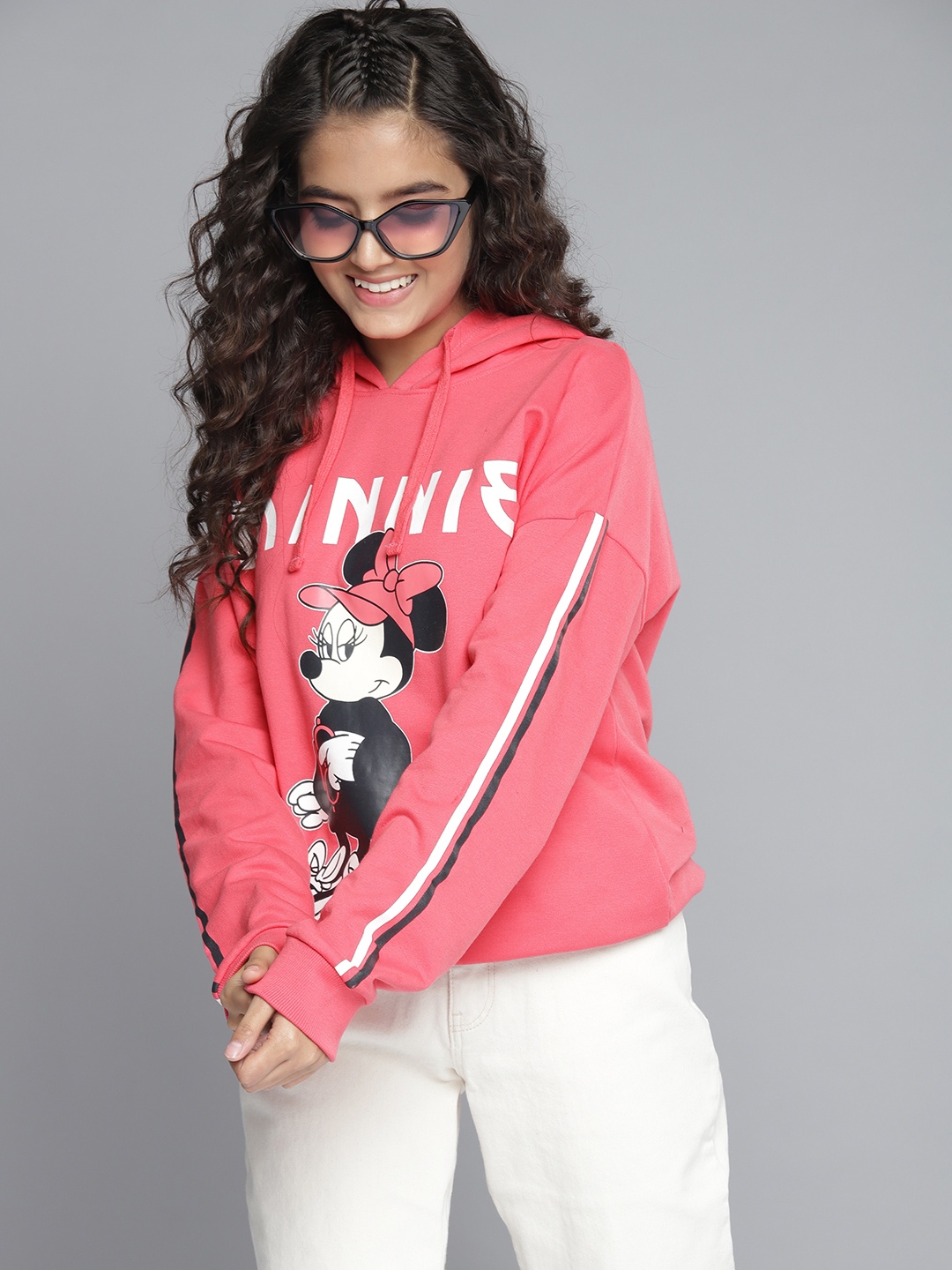 

YK Teen Girls Pink & Black Minnie Mouse Print Hooded Sweatshirt