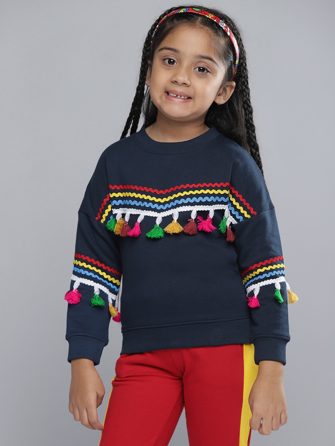 

YK Girls Navy Blue & White Solid Round Neck Sweatshirt with Lace & Pom-Poms