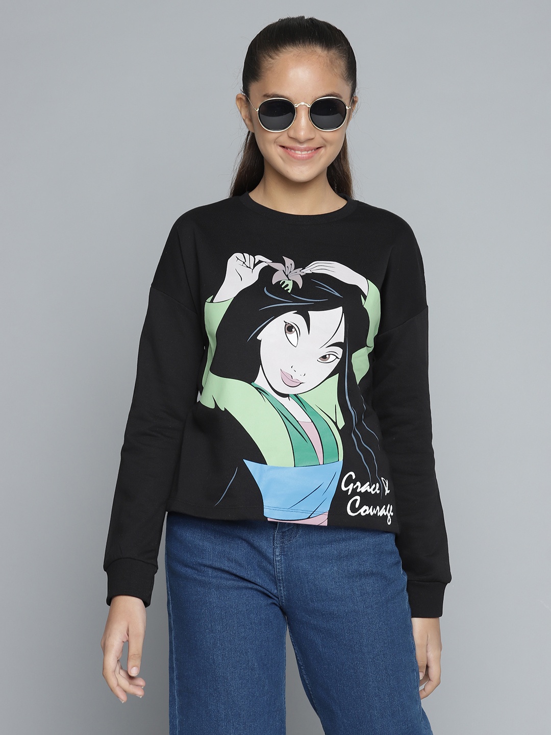 

YK Girls Black & Green Mulan Print Sweatshirt