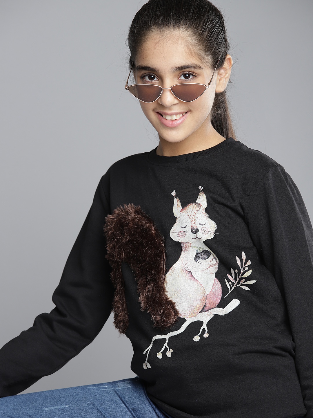 

YK Teen Girls Black & Brown Squirrel Printed Sweatshirt with Faux Fur Detail