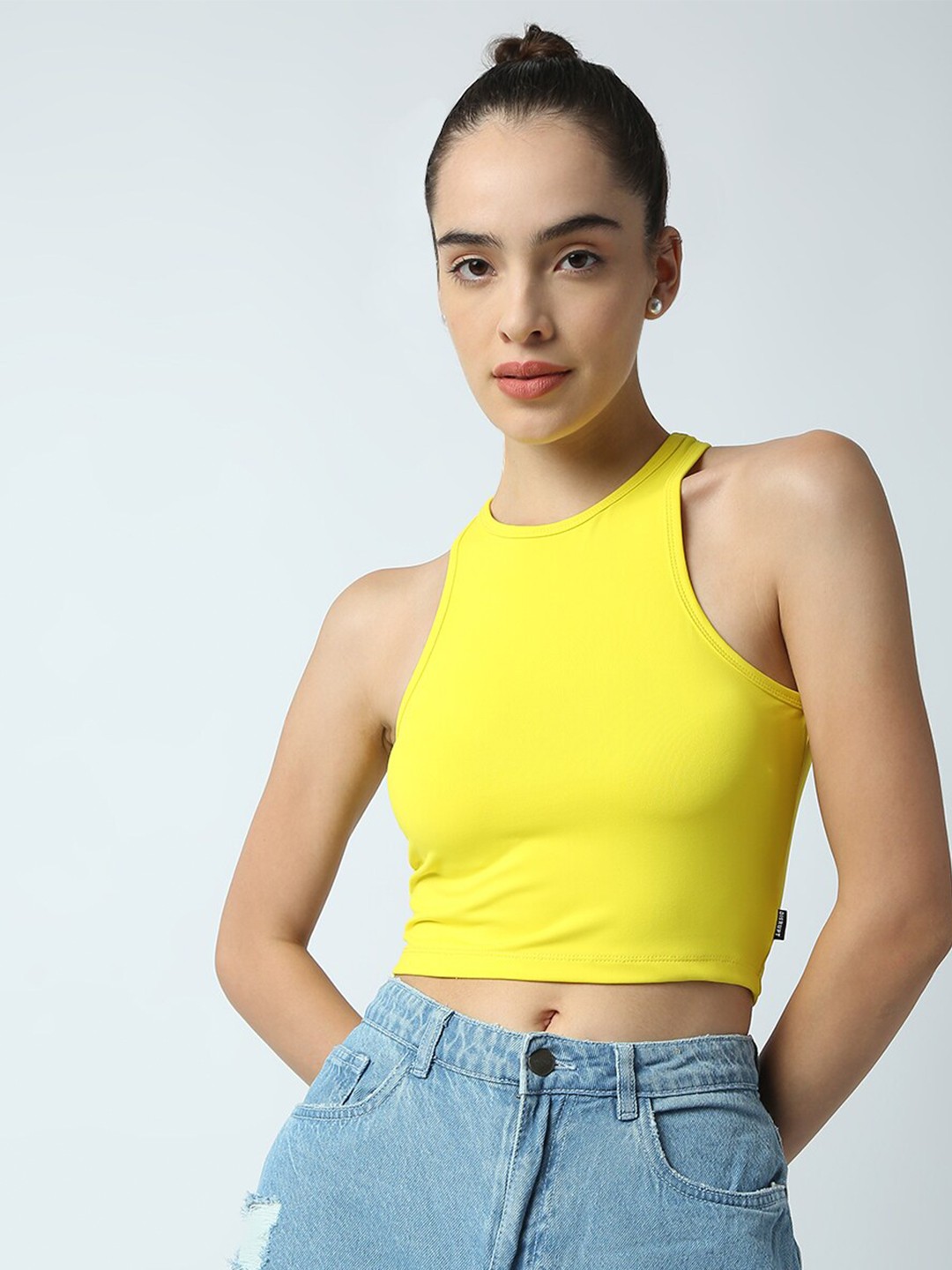 

Disrupt Women's Yellow Racer Back High Neck Slim Fit Smart Crop Top