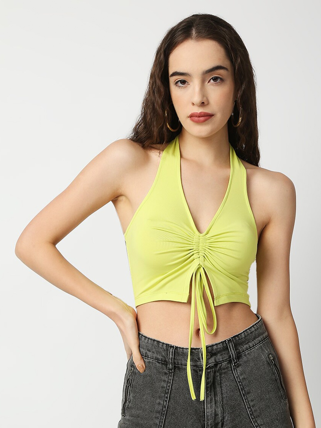 

Disrupt Women Green Halter Neck Styled Back Crop Top