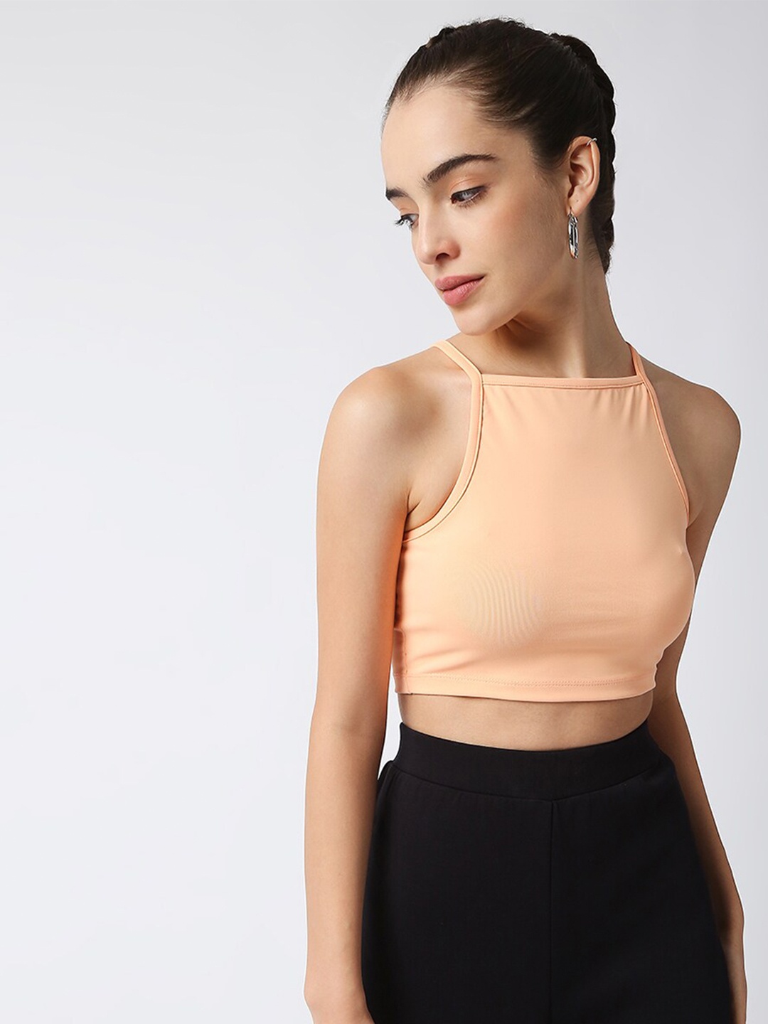 

Disrupt Women's Peach Spaghetti Square Neck Slim Crop Top