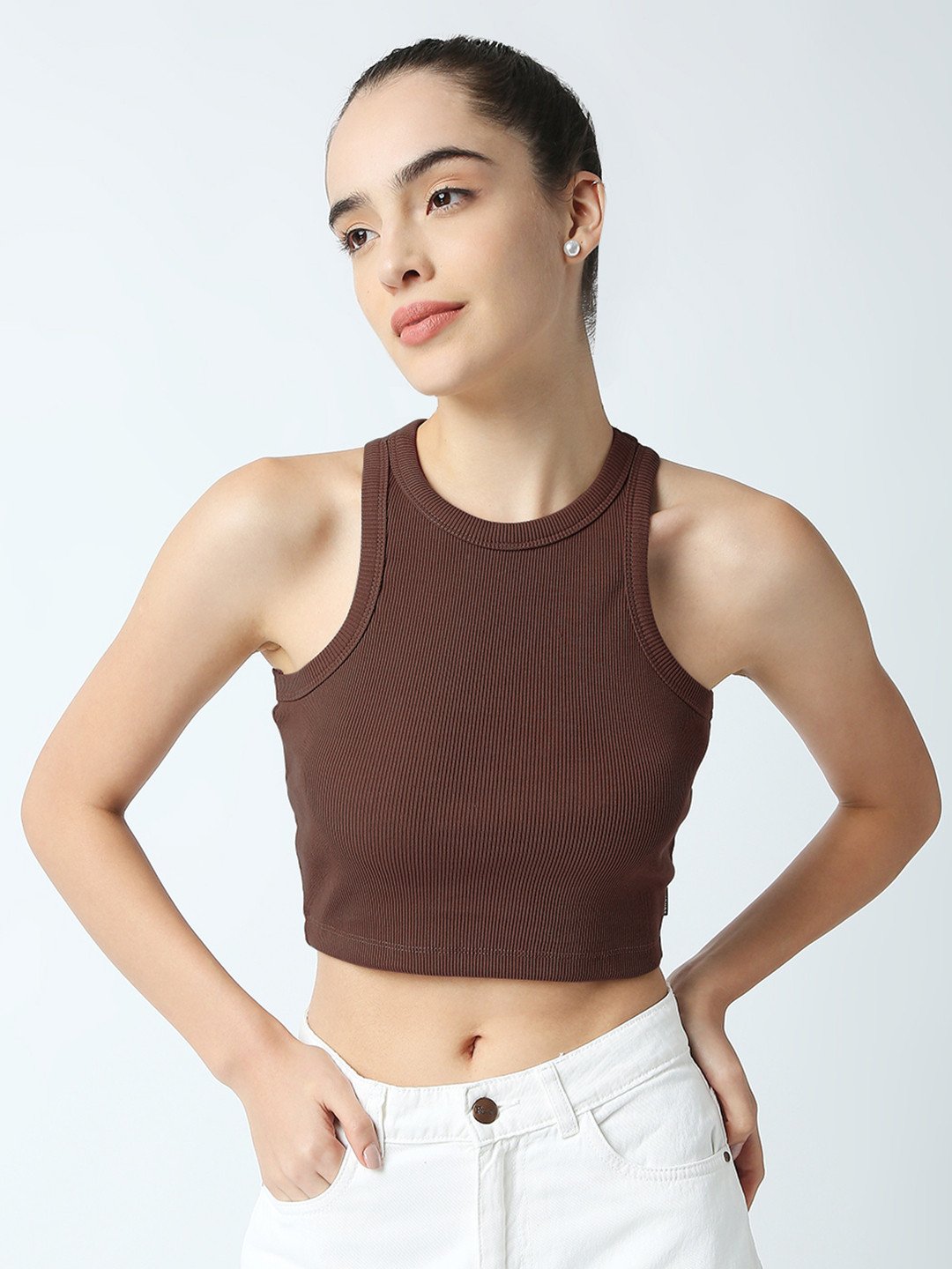 

Disrupt Brown Striped Halter Neck Crop Top