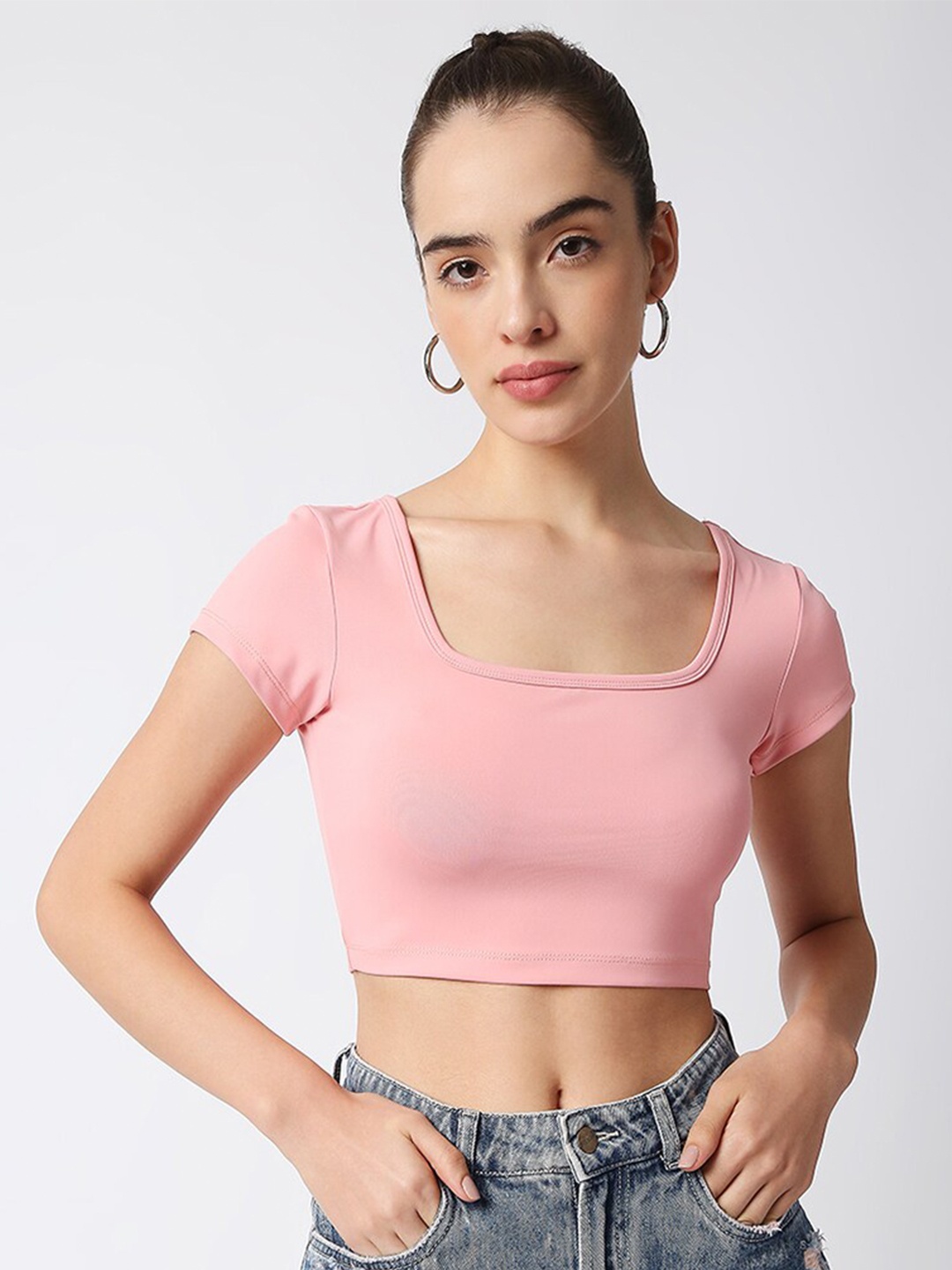 

Disrupt Women's Light Pink Box Neck Slim Fit Smart Crop Top