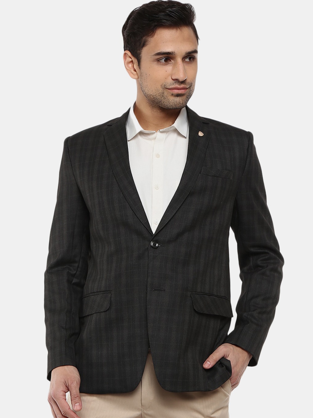 

V-Mart Men Black Checked Terry Rayon Notched Lapel Formal Blazer