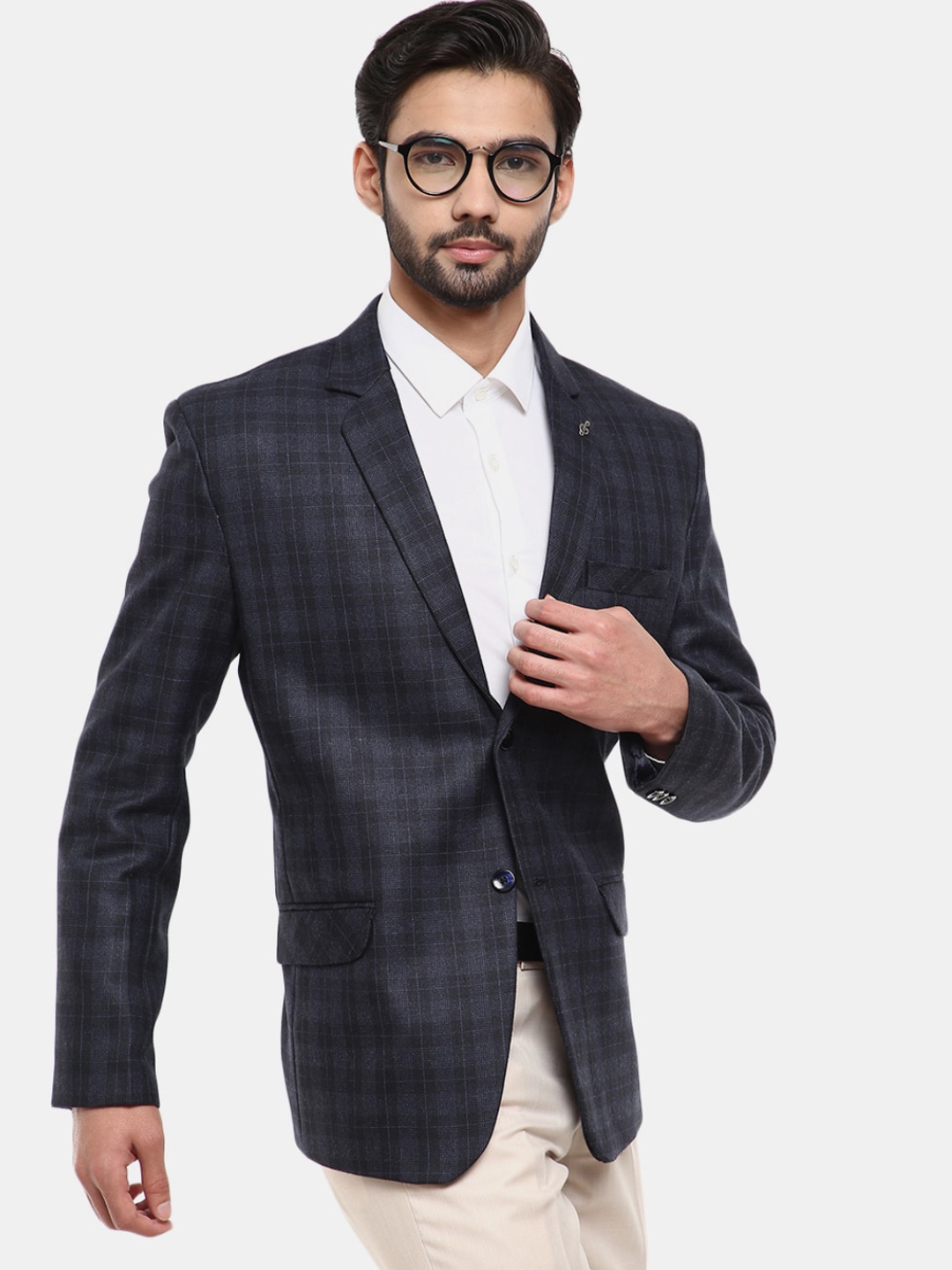 

V-Mart Men Blue Checked Single-Breasted Regular-Fit Twill Formal Blazer