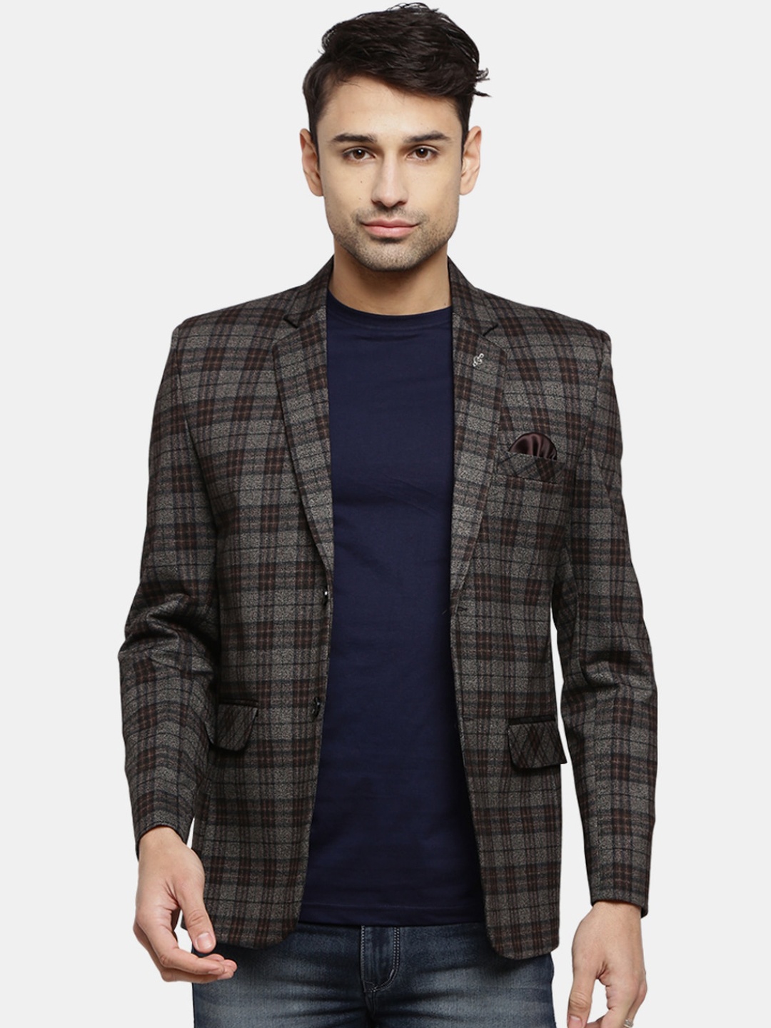 

V-Mart Men Brown Checked Single-Breasted Notched Lapel Casual Blazers