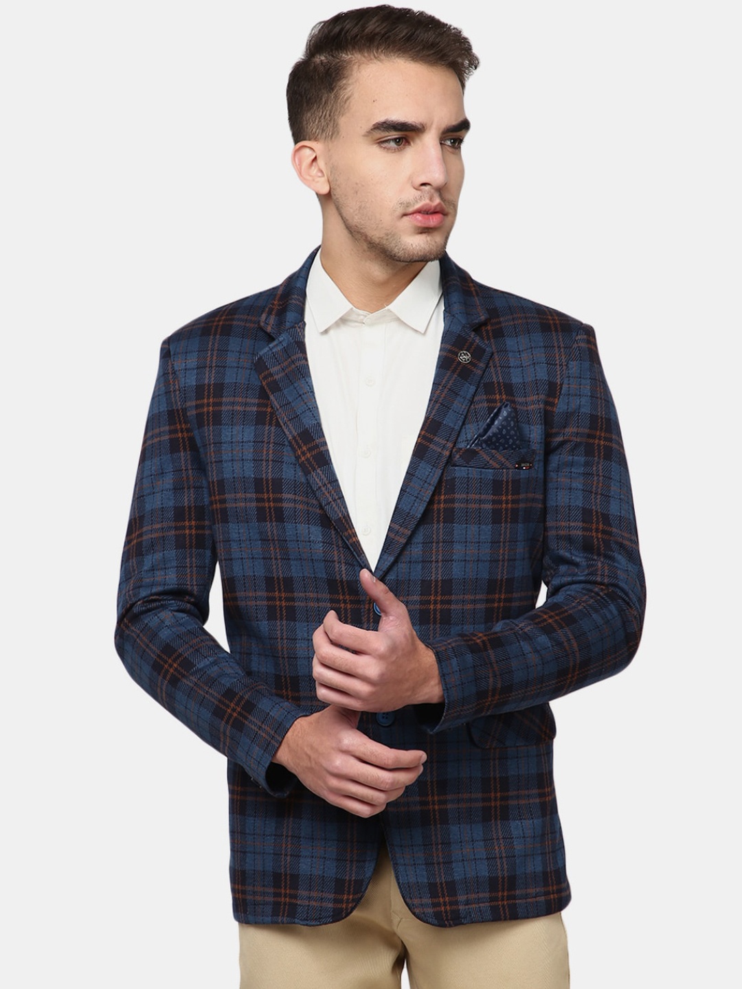 

V-Mart Men Navy Blue Checked Knitted Notched Lapel Blazer