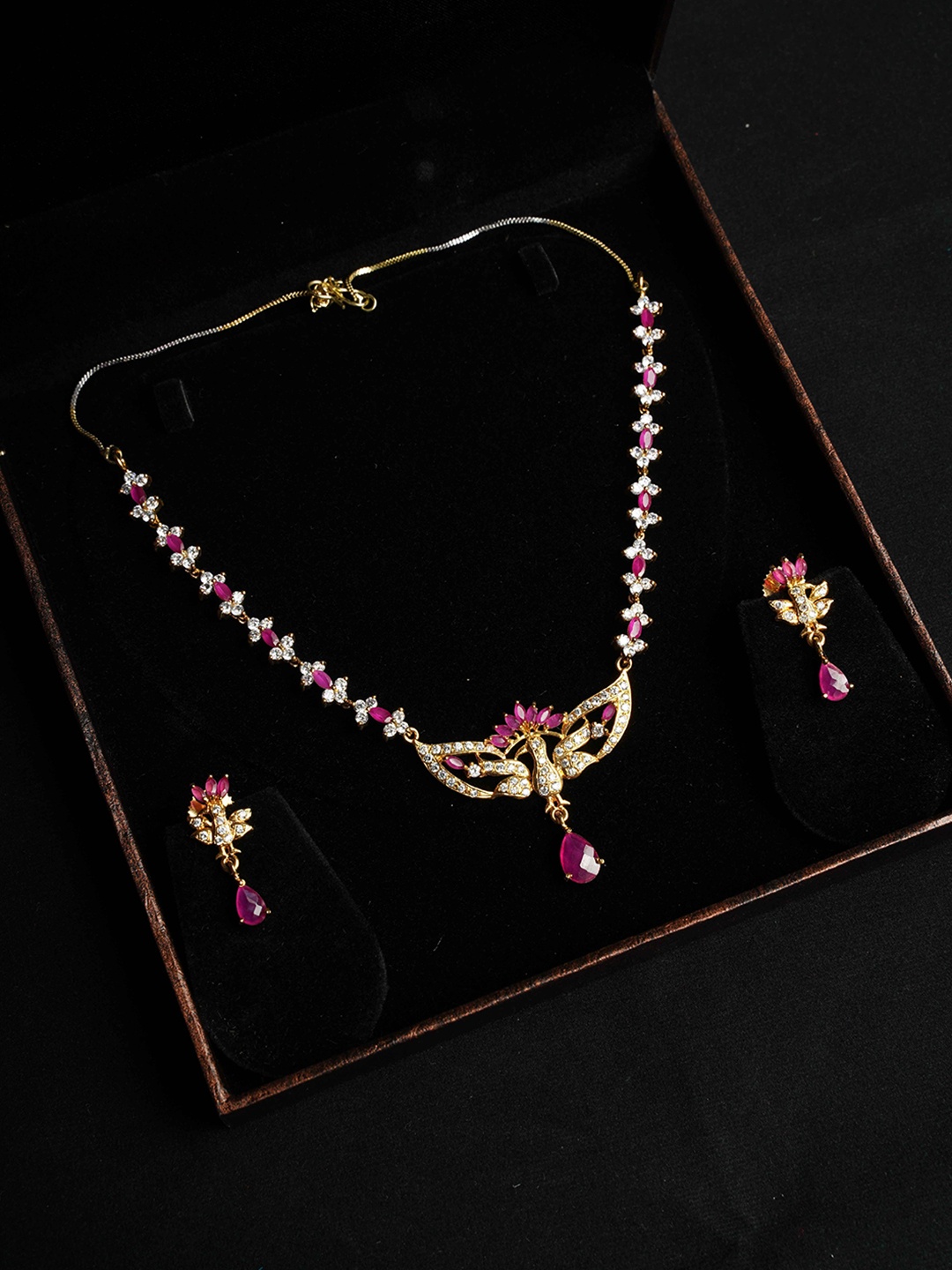 

NASTEE Gold-Plated White & Pink CZ-Studded Jewellery Set