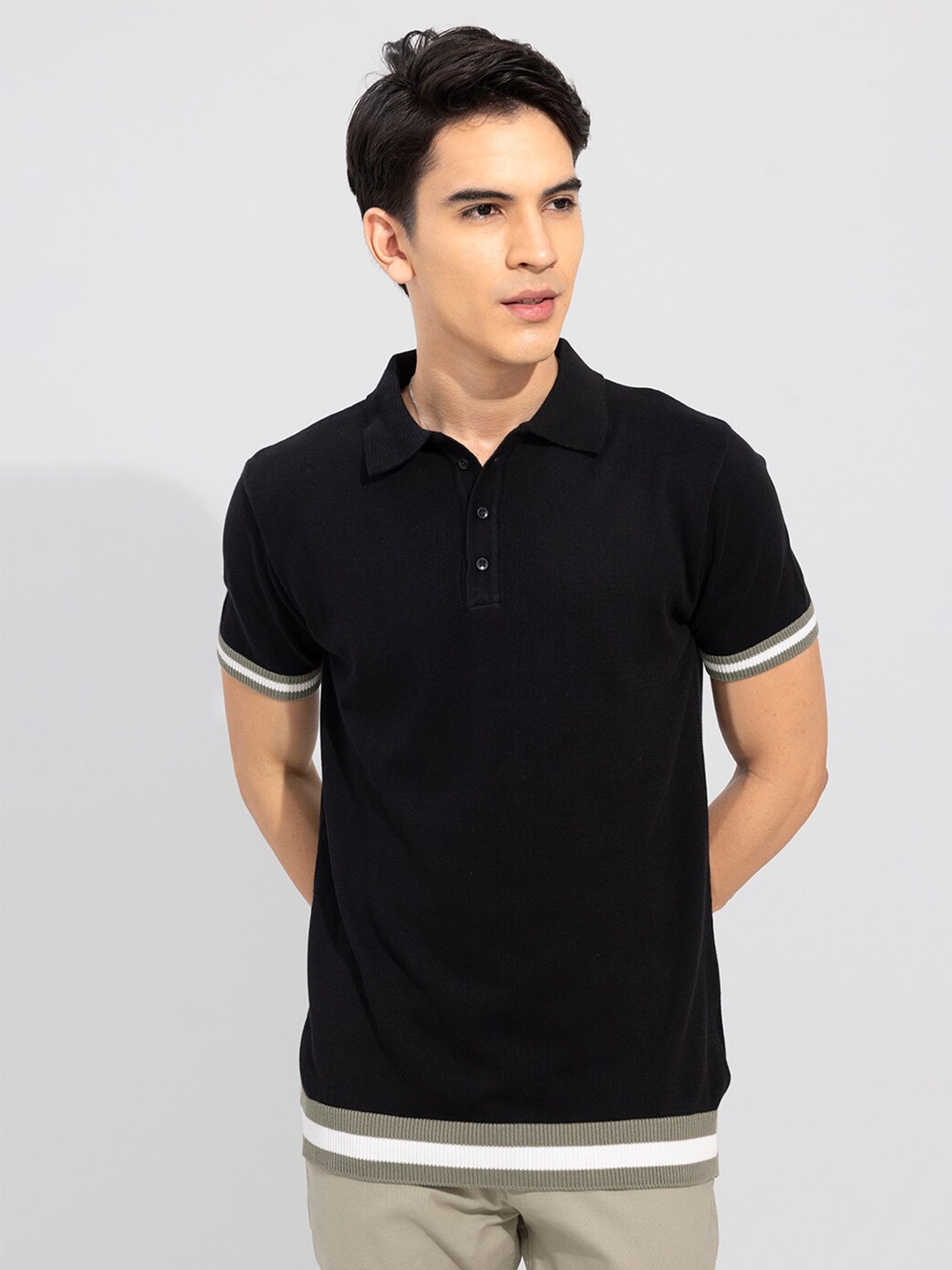 

Snitch Men Black Polo Collar Slim Fit T-shirt