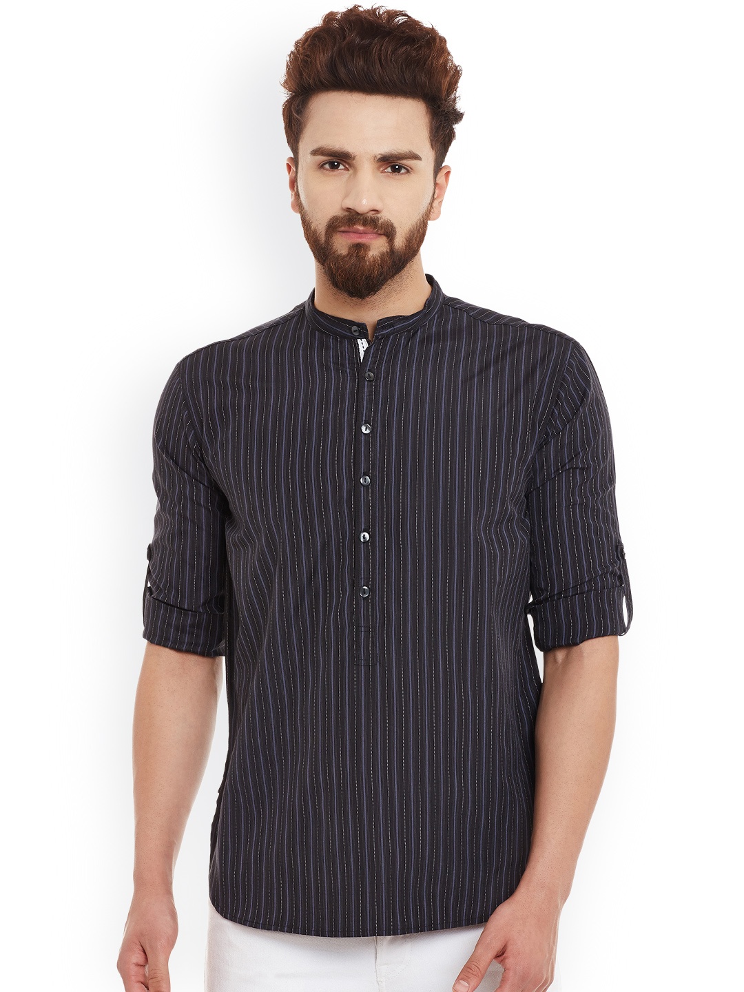 

even Men Black Striped Short Straight Kurta