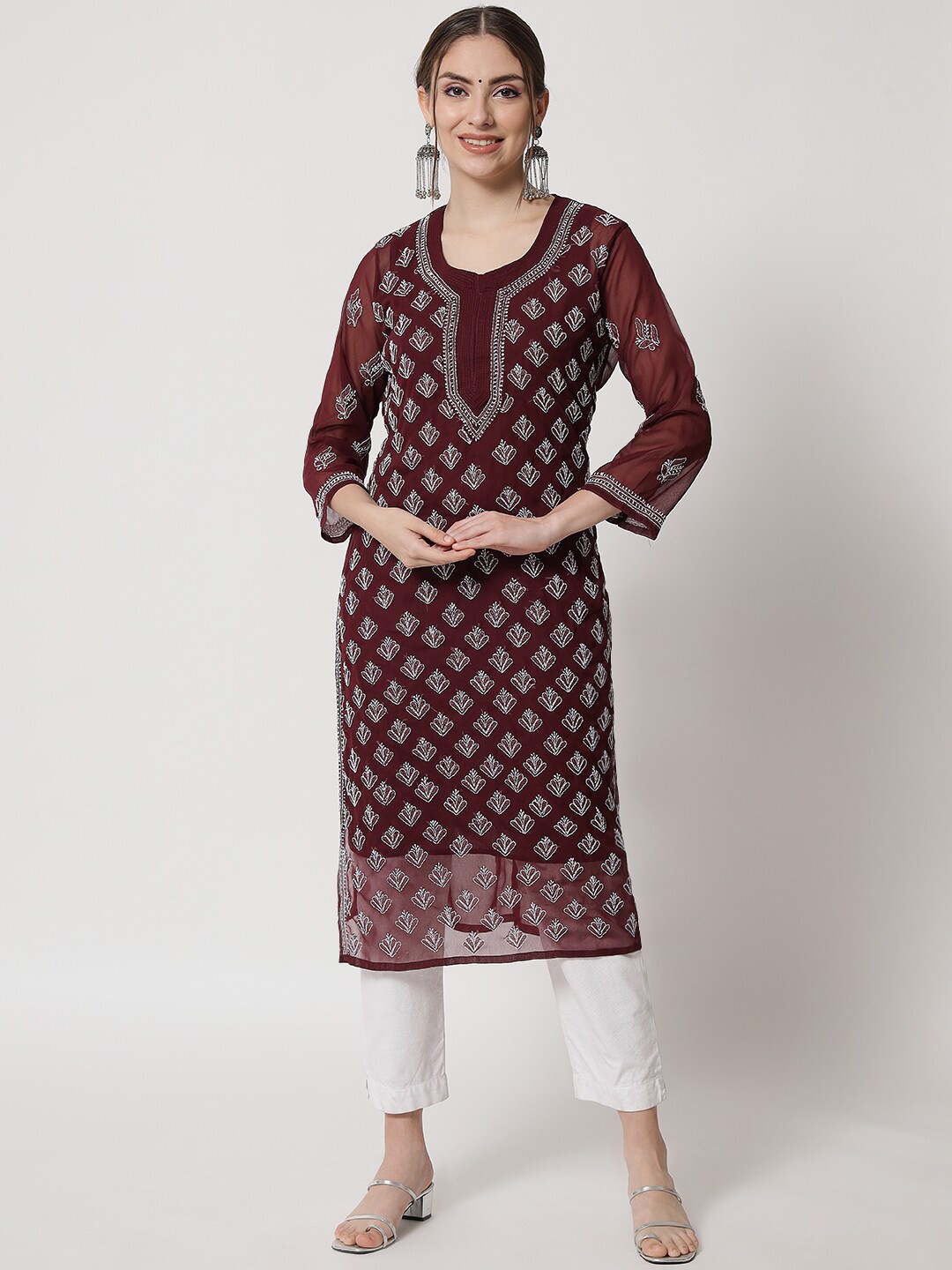 

PARAMOUNT CHIKAN Women Maroon Hand Embroidered Chikankari Georgette Kurta