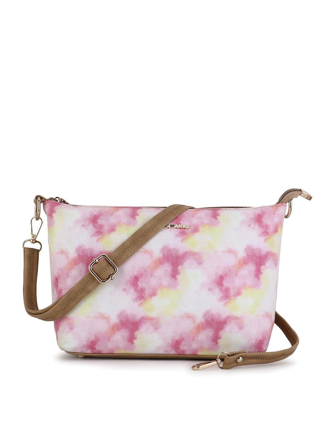 

WOMEN MARKS Beige Floral Printed PU Structured Sling Bag With Cut Work