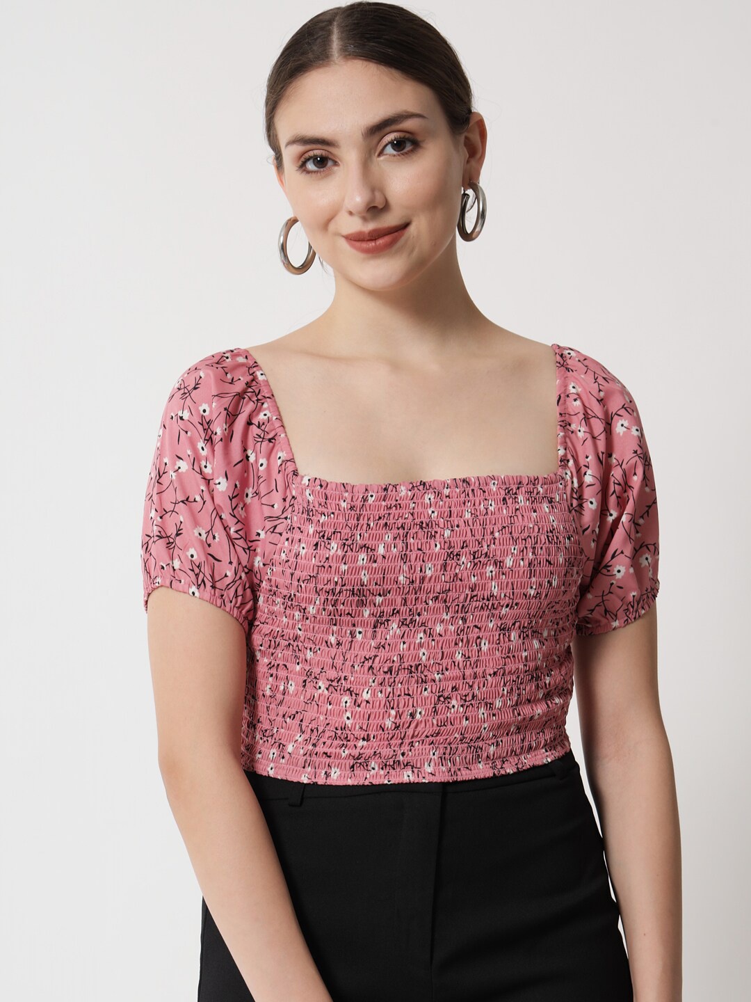 

Trend Arrest Pink Floral Print Crepe Crop Top