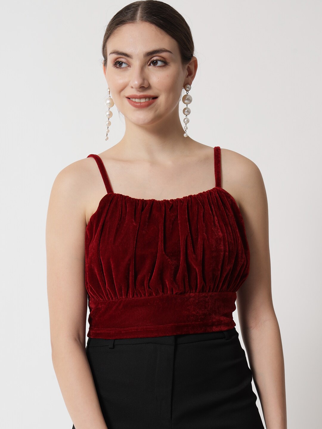 

Trend Arrest Maroon Velvet Styled Back Crop Top