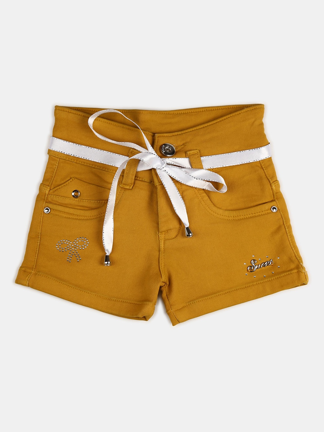 V-Mart Girls Mustard Embellished Outdoor Denim Shorts