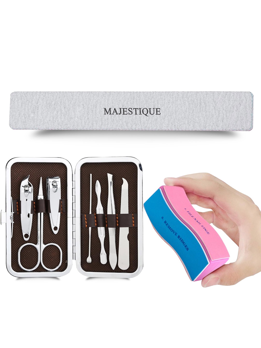 

MAJESTIQUE 7 Tools Manicure Pedicure Tool Kit with Nail File & 4 Action Nail Buffer, Silver