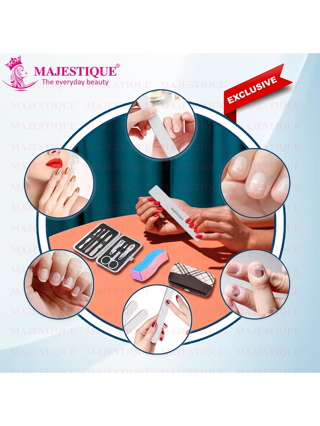 

MAJESTIQUE 7 Tools Manicure Pedicure Tool Kit with Nail File & 4 Action Nail Buffer, Silver