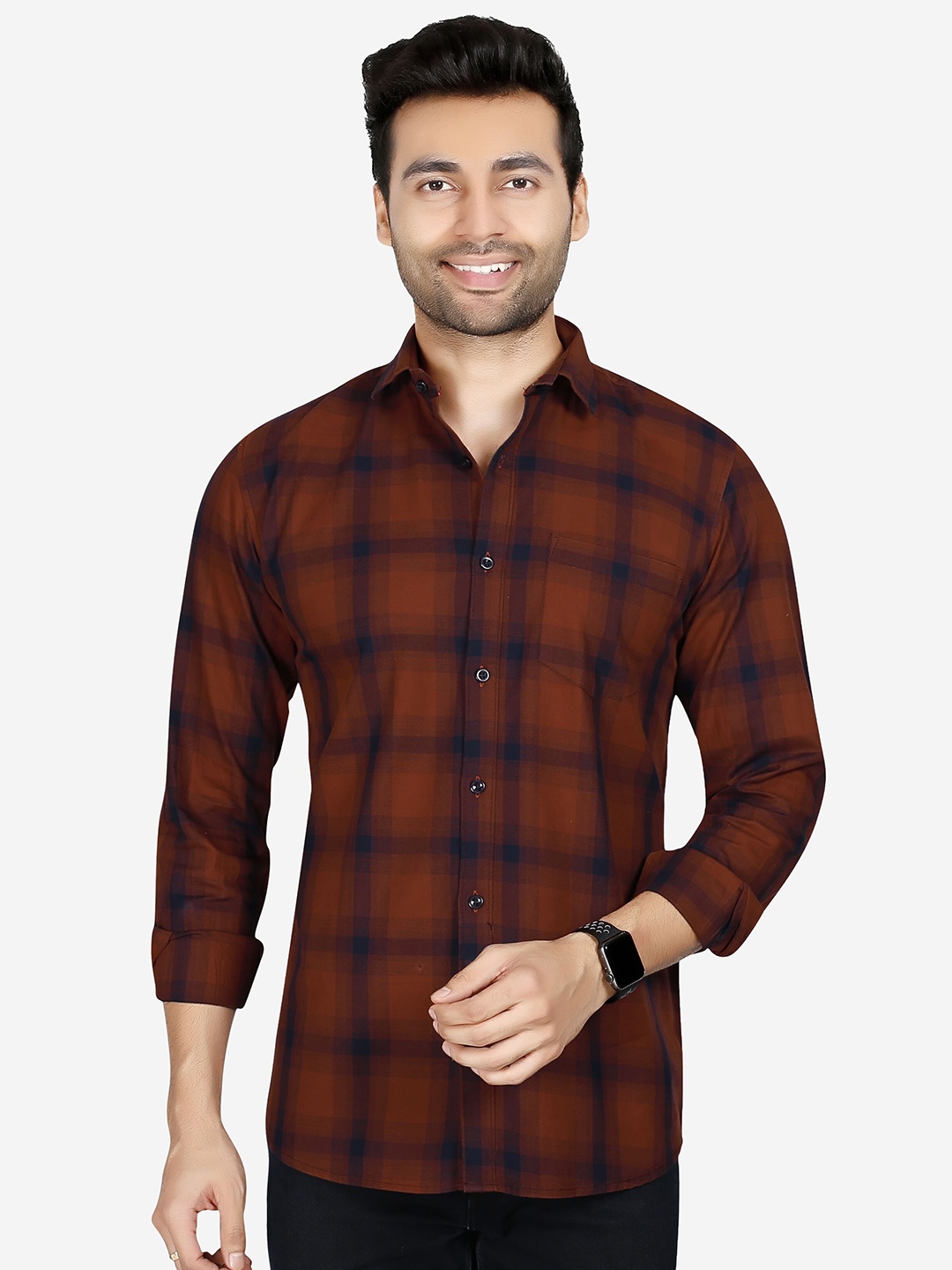 

5TH ANFOLD Men Orange Slim Fit Windowpane Checks Checked Casual Shirt