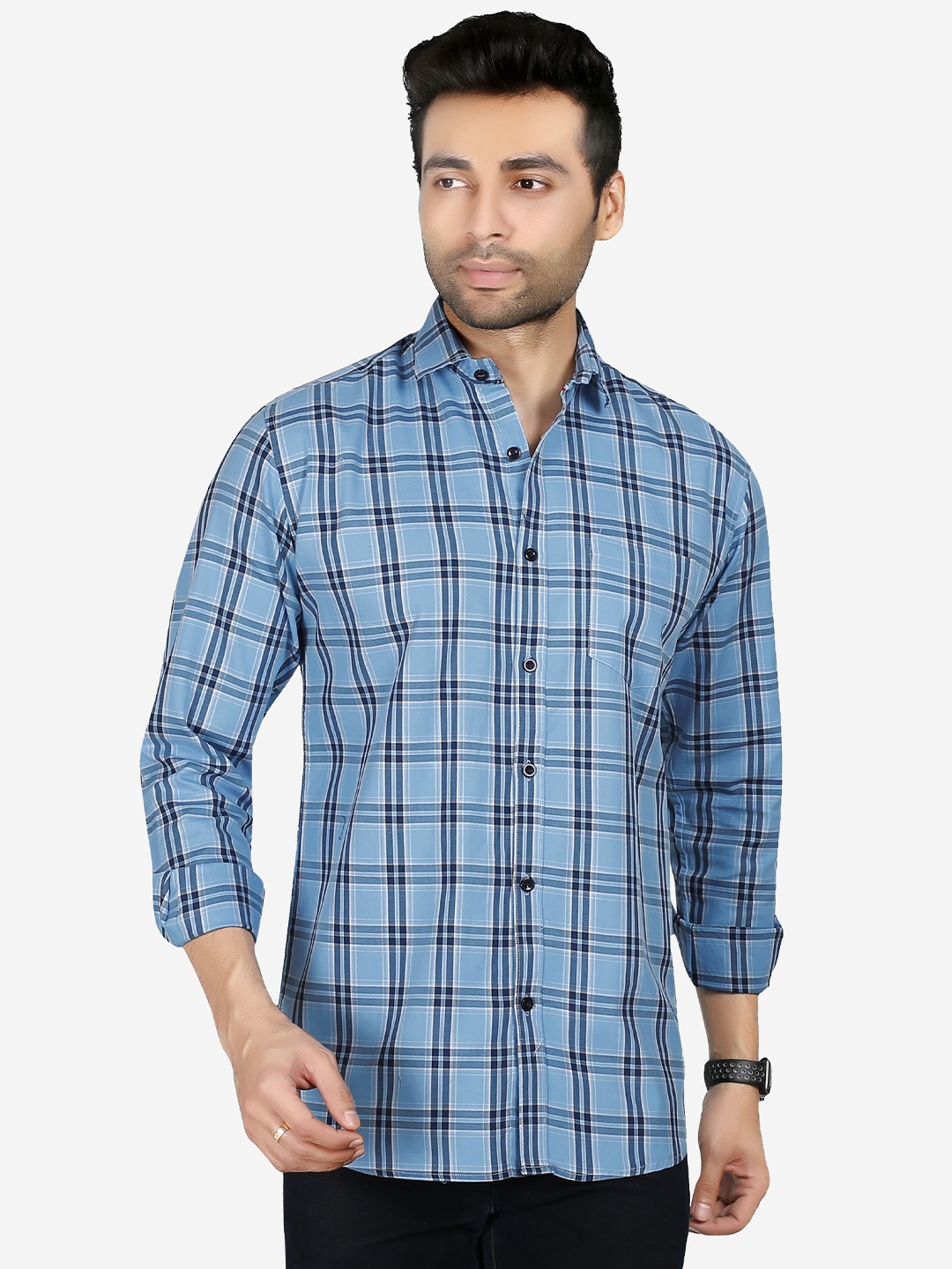 

5TH ANFOLD Men Blue Checked Pure Cotton Slim Fit Opaque Casual Shirt