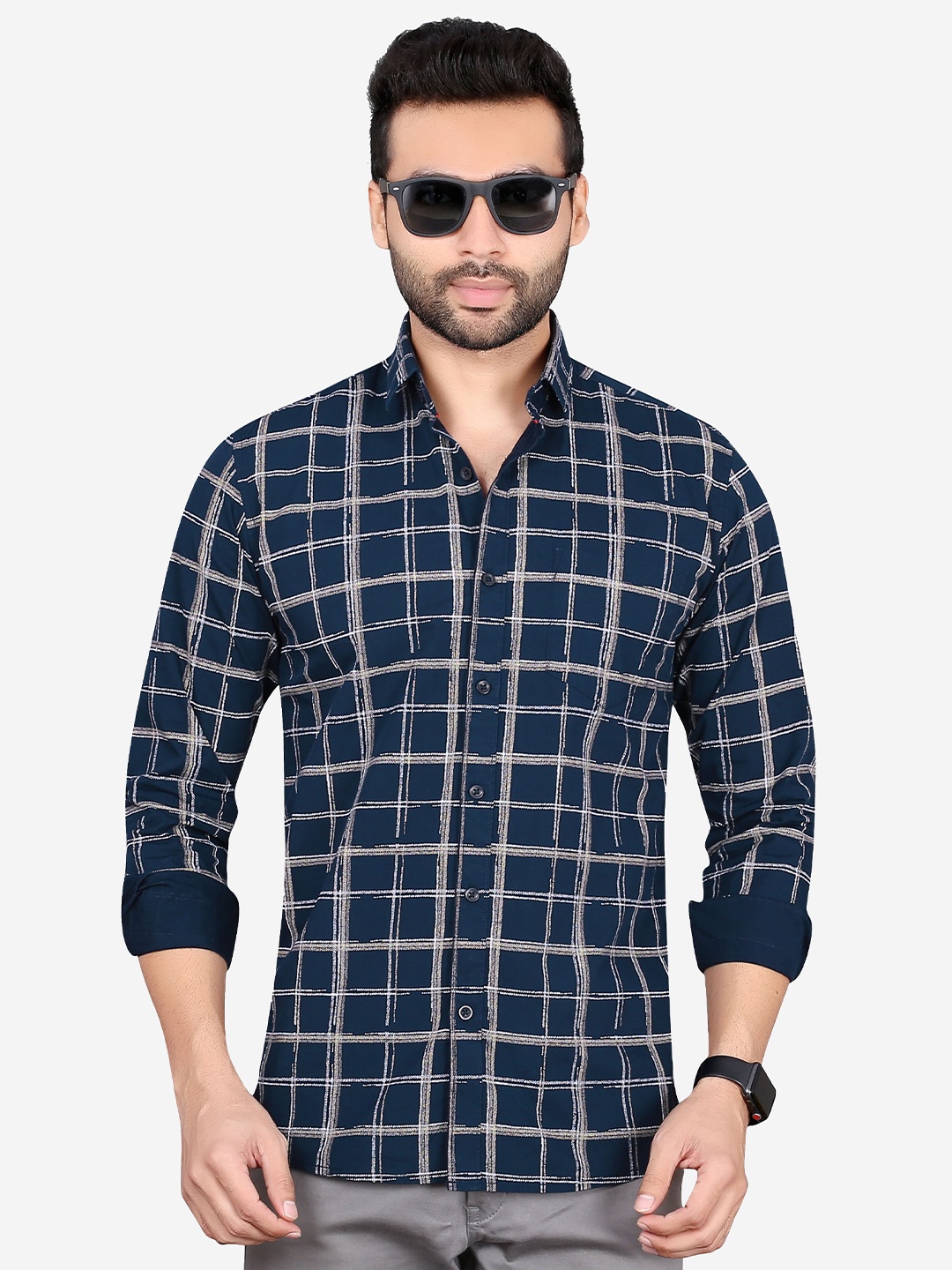 

5TH ANFOLD Men Navy Blue Slim Fit Checked Casual Shirt