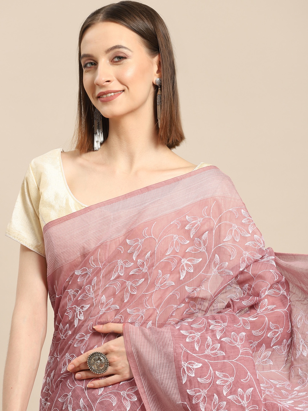 

all about you Pink Floral Embroidered Pure Cotton Saree