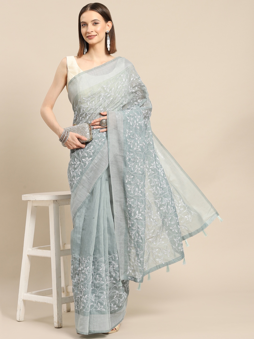 

all about you Blue Floral Embroidered Pure Cotton Saree