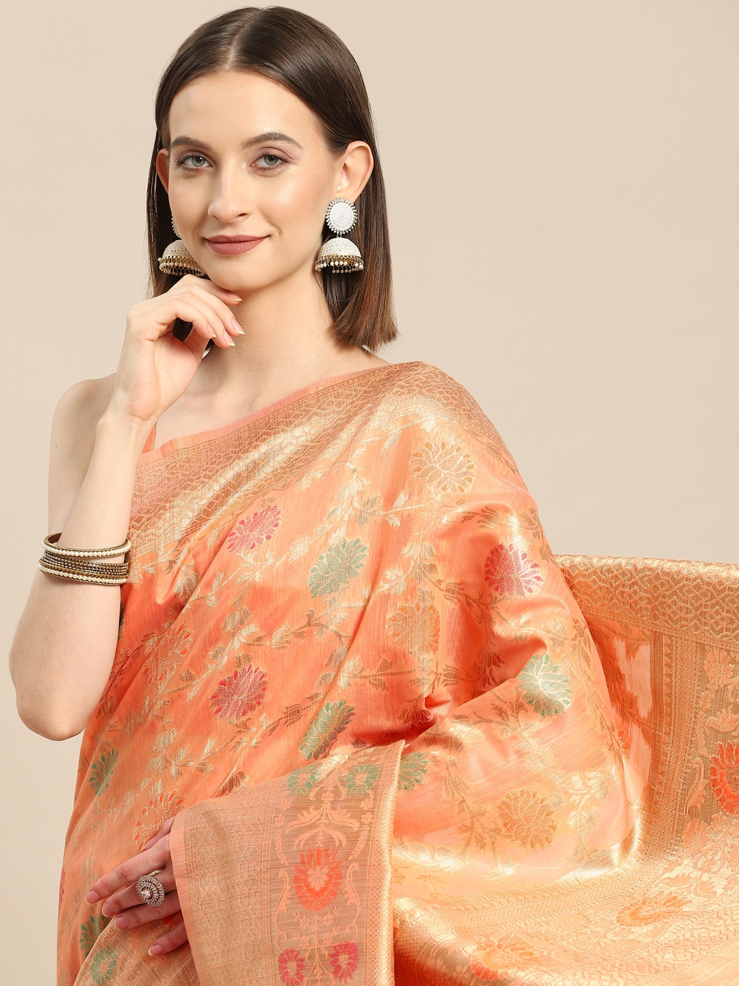 

all about you Peach-Coloured Floral Zari Silk Blend Jacquard Banarasi Saree