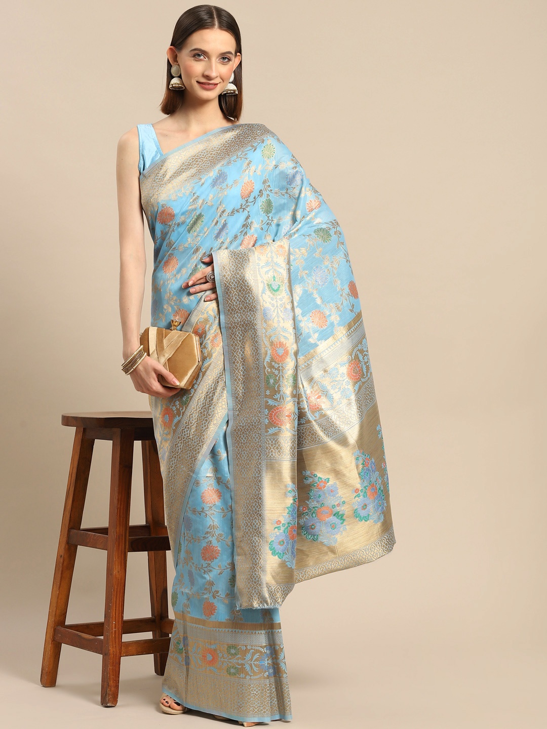 

all about you Blue Floral Zari Silk Blend Banarasi Saree