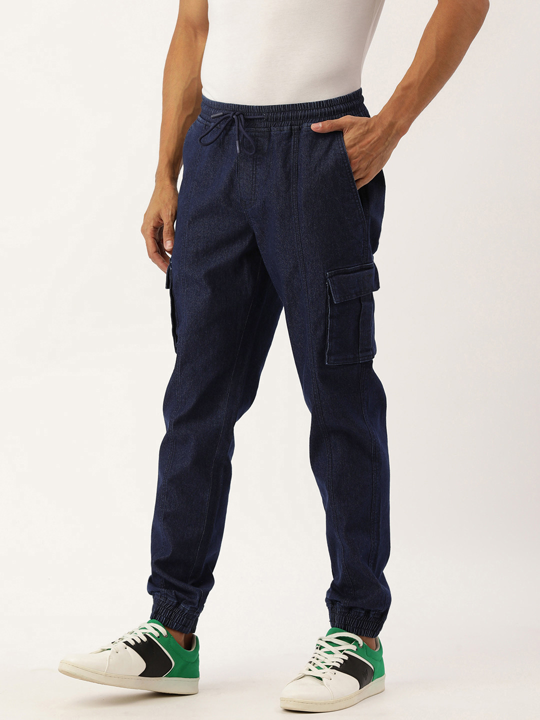 

IVOC Men Navy Blue Solid Casual Stretchable Cargo Denim Joggers