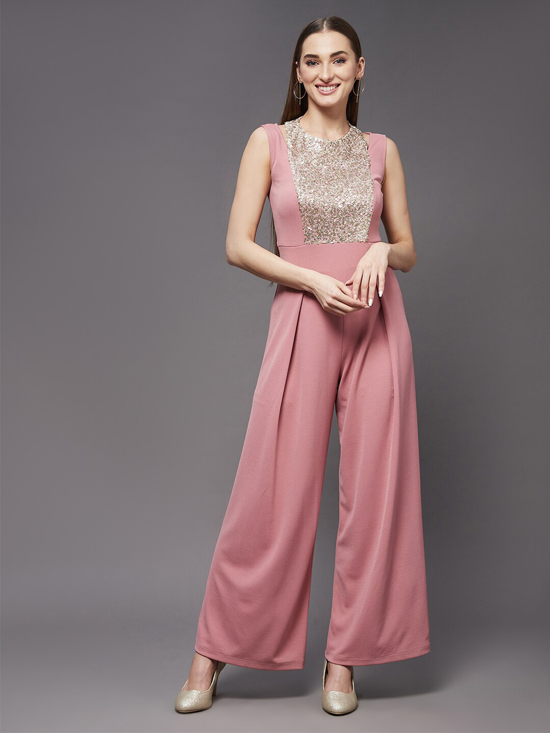 

Miss Chase Pink Halter Neck Basic Jumpsuit with Embellished