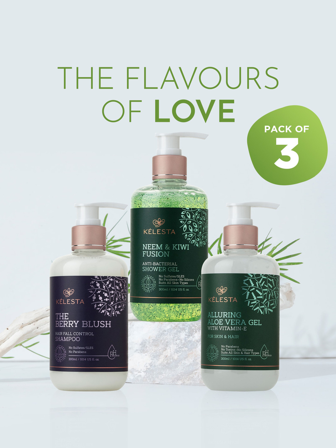 

KELESTA Set Of 3 Pure Aloe Vera Gel, Natural Neem Shower Gel & Shampoo 900ml, Na