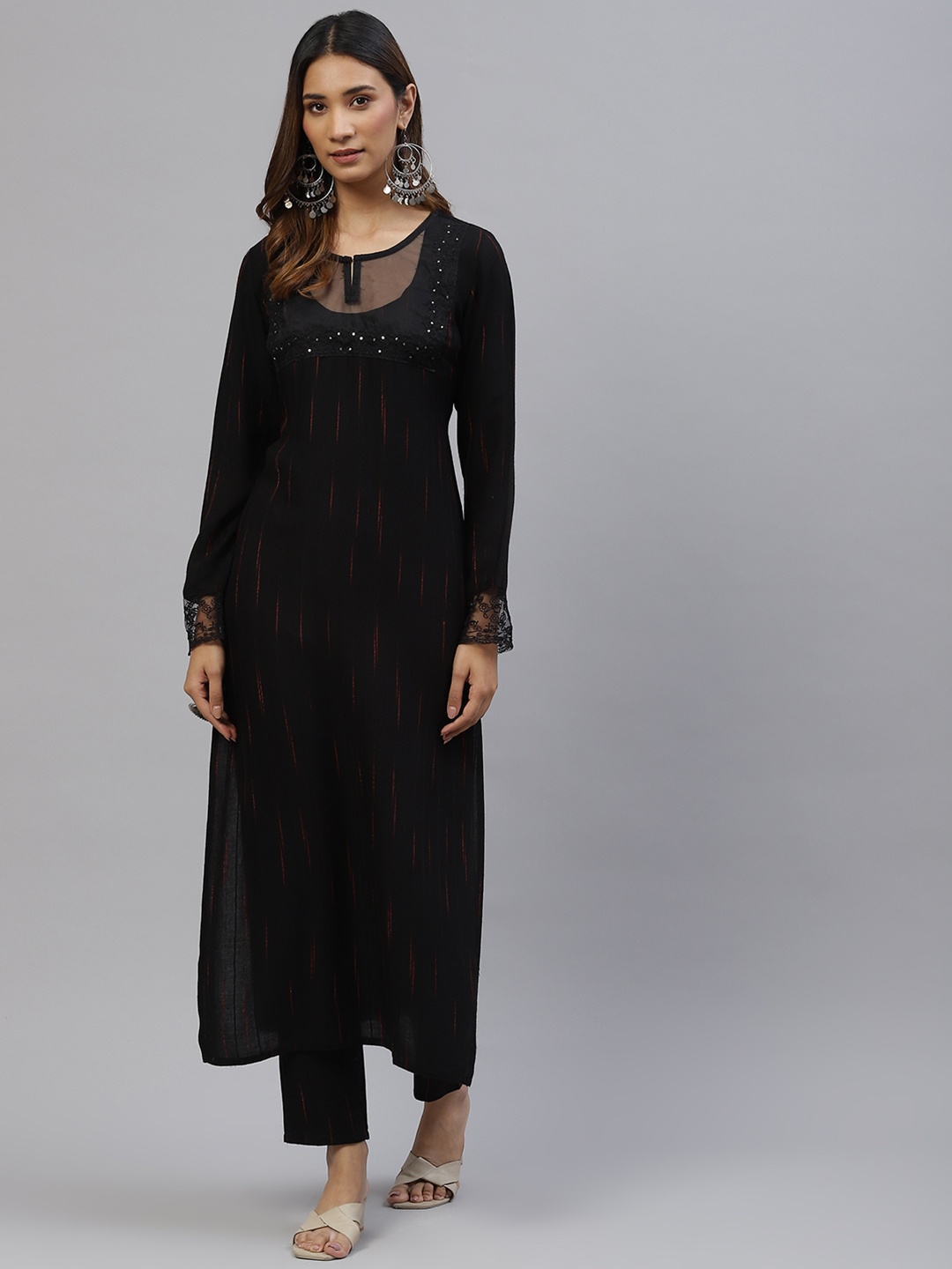 

Silai Bunai Women Black Sequinned Kurta with Trousers