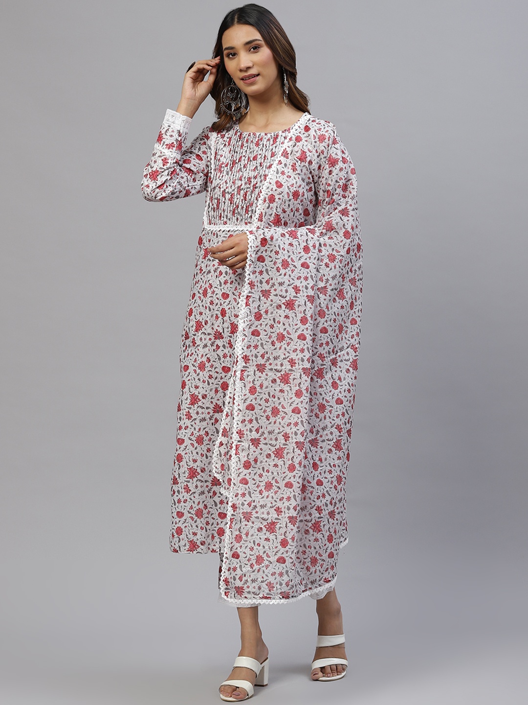 

Silai Bunai Women White Ethnic Motifs Printed Kurta with Trousers & With Dupatta