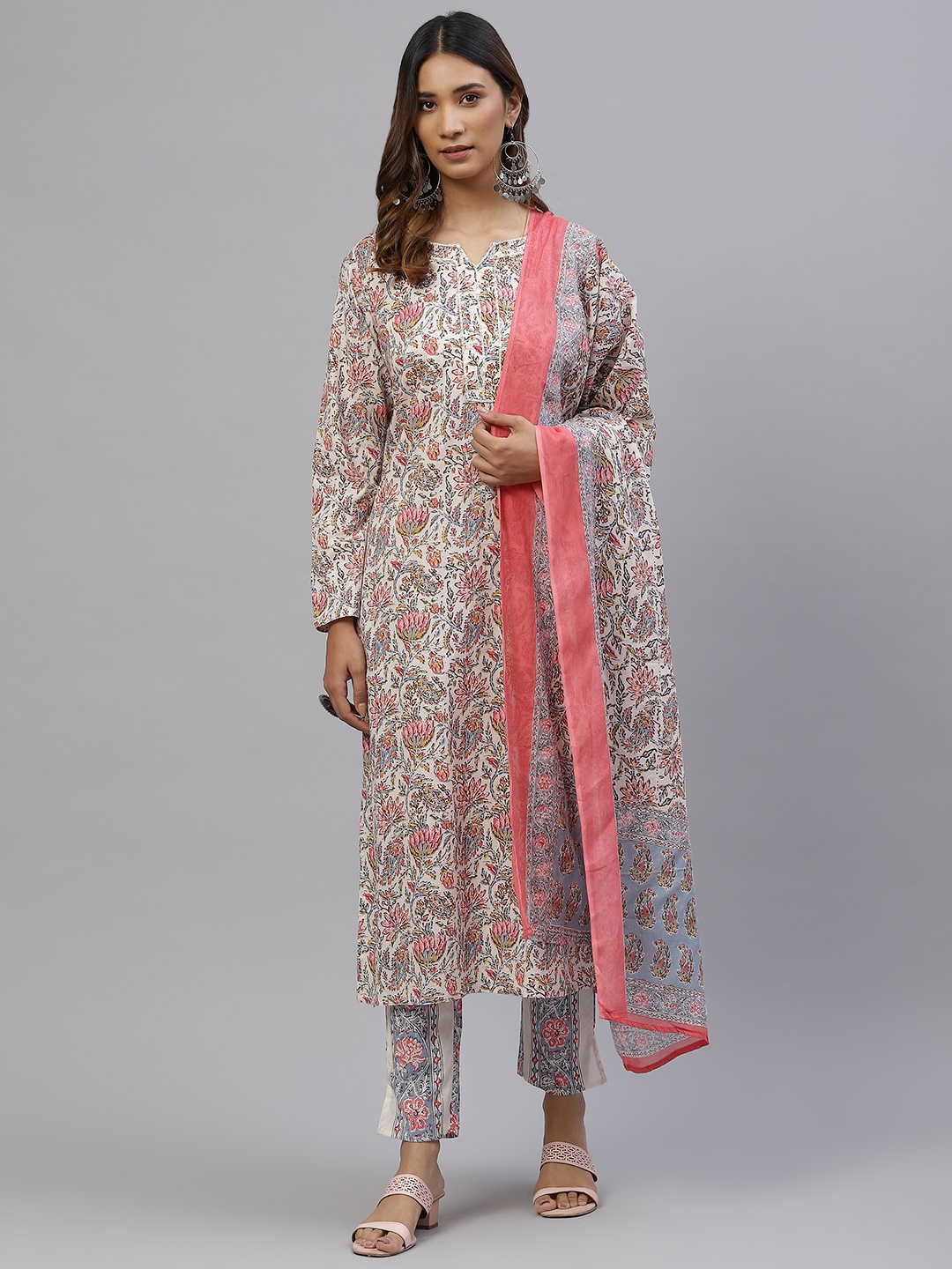 

Silai Bunai Women White & Pink Printed Pure Cotton Kurta with Trousers & Dupatta