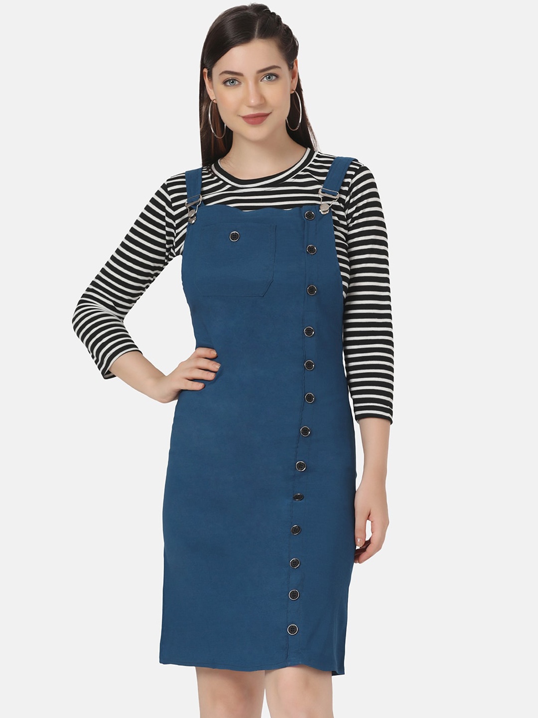 

BUY NEW TREND Women's Blue Solid Dungarees With Top
