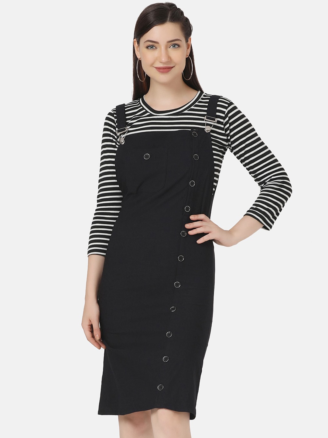 

BUY NEW TREND Women Black & White Striped Dungarees