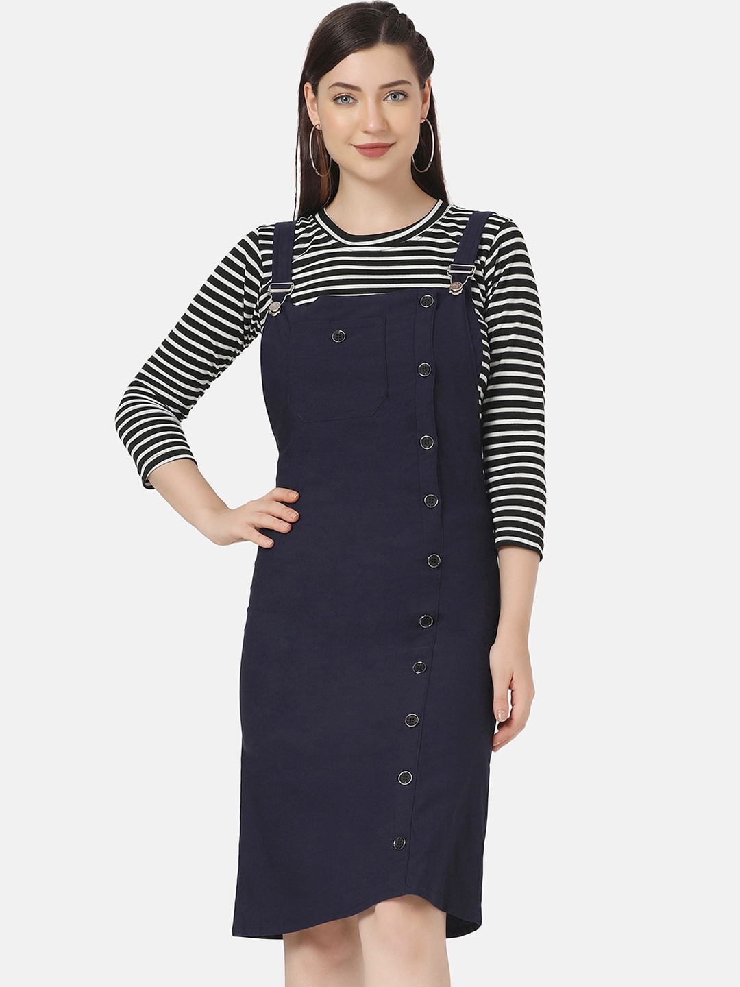 

BUY NEW TREND Women Navy Blue & Black Solid Cotton Dungaree