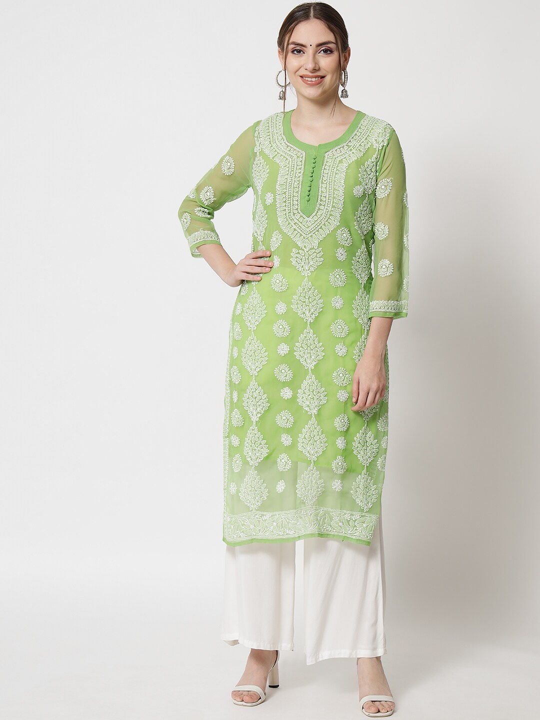 

PARAMOUNT CHIKAN Women Green & White Hand Embroidered Chikankari Georgette Kurta