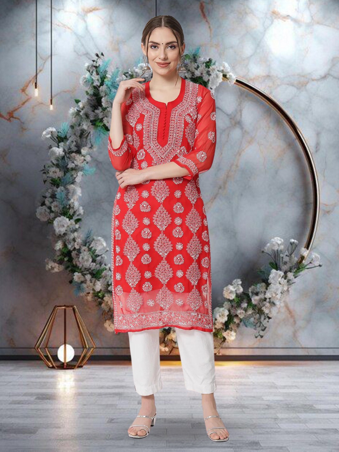 

PARAMOUNT CHIKAN Women Red & White Hand Embroidered Chikankari Georgette Kurta