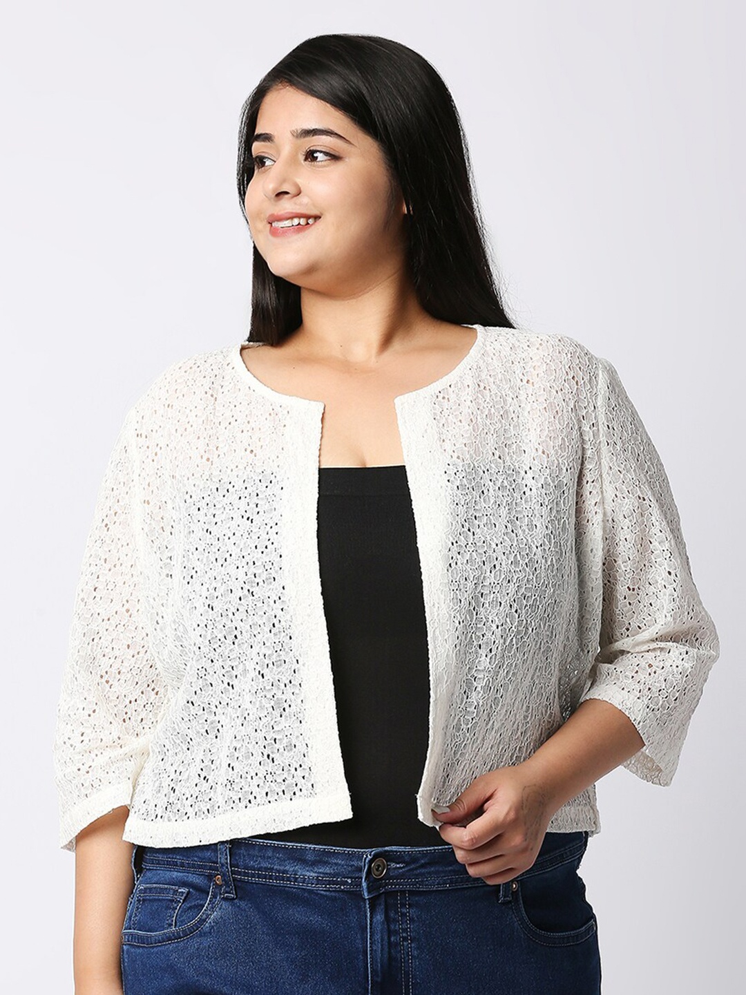 

Style Quotient Plus Size Self Design Floral Lace Open Front Smart Casual Shrug, Off white