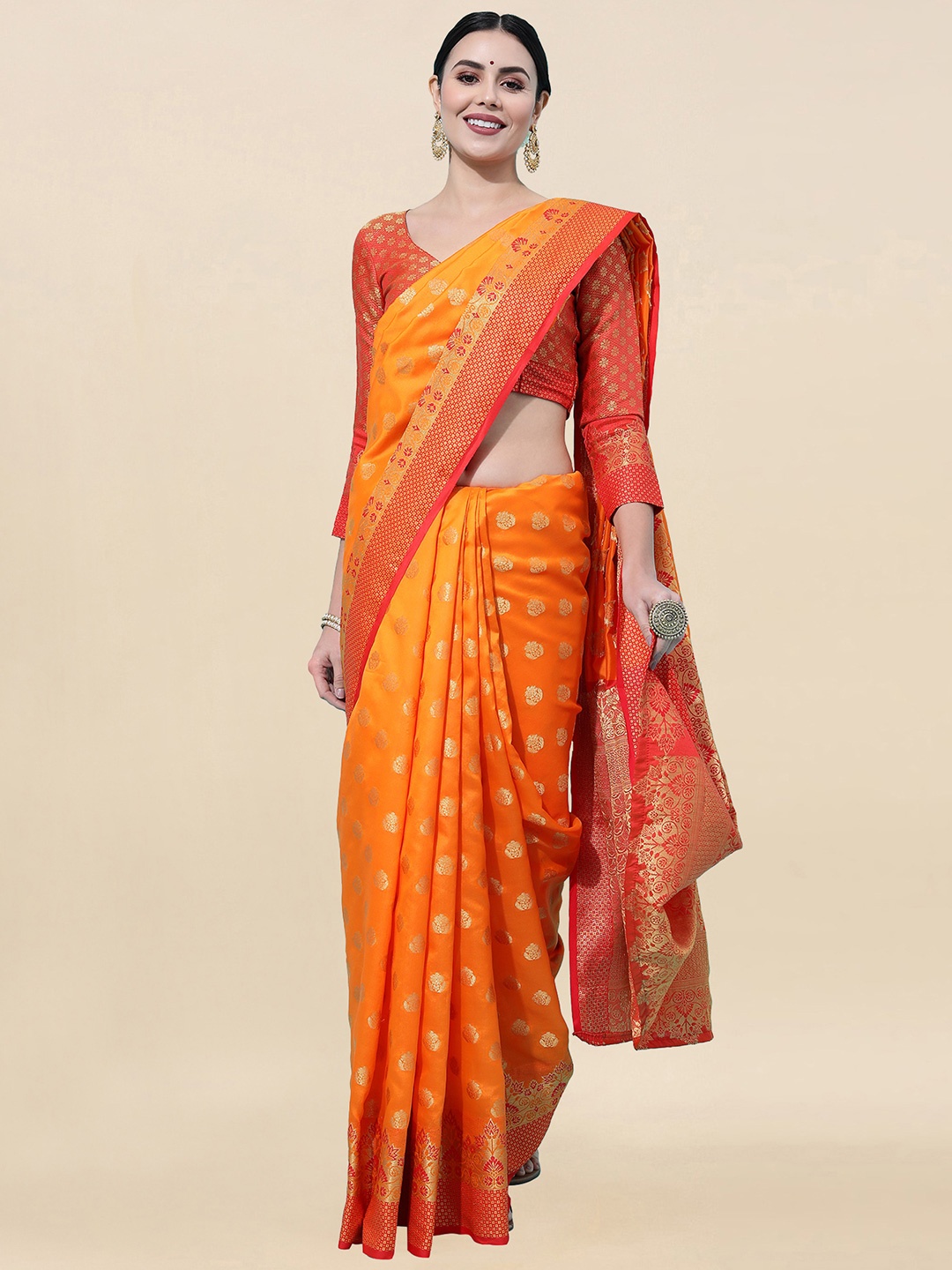 

Satrani Orange & Red Floral Zari Banarasi Saree