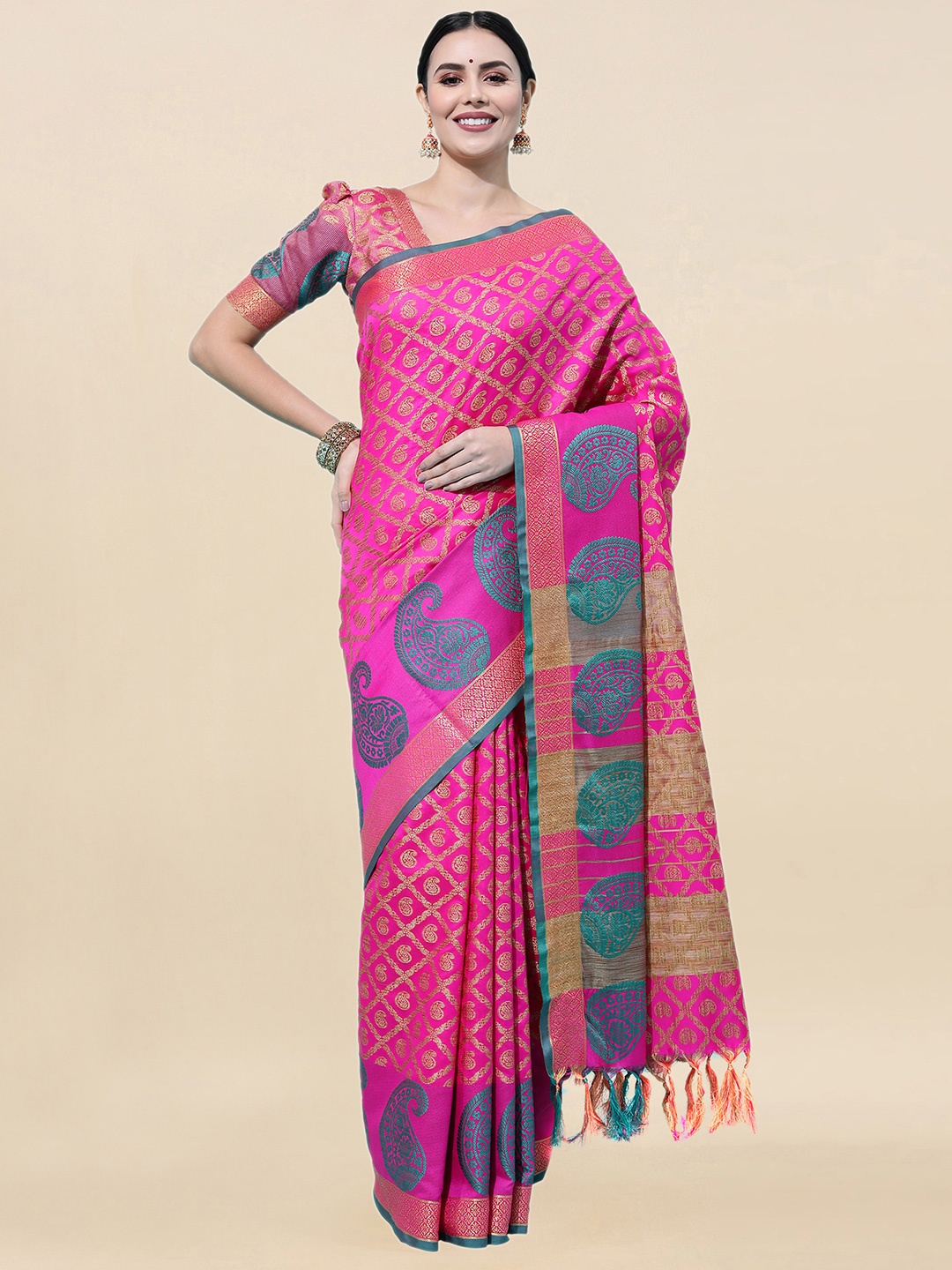 

Satrani Pink & Blue Paisley Silk Cotton Jacquard Banarasi Saree