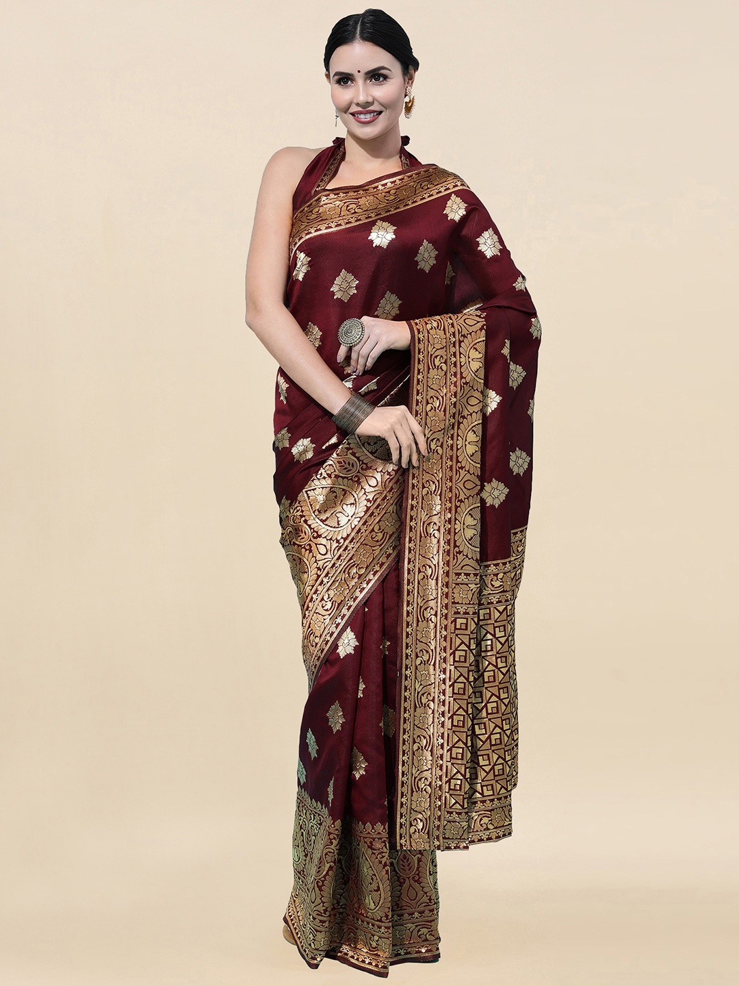 

Satrani Maroon & Gold-Toned Floral Zari Banarasi Saree