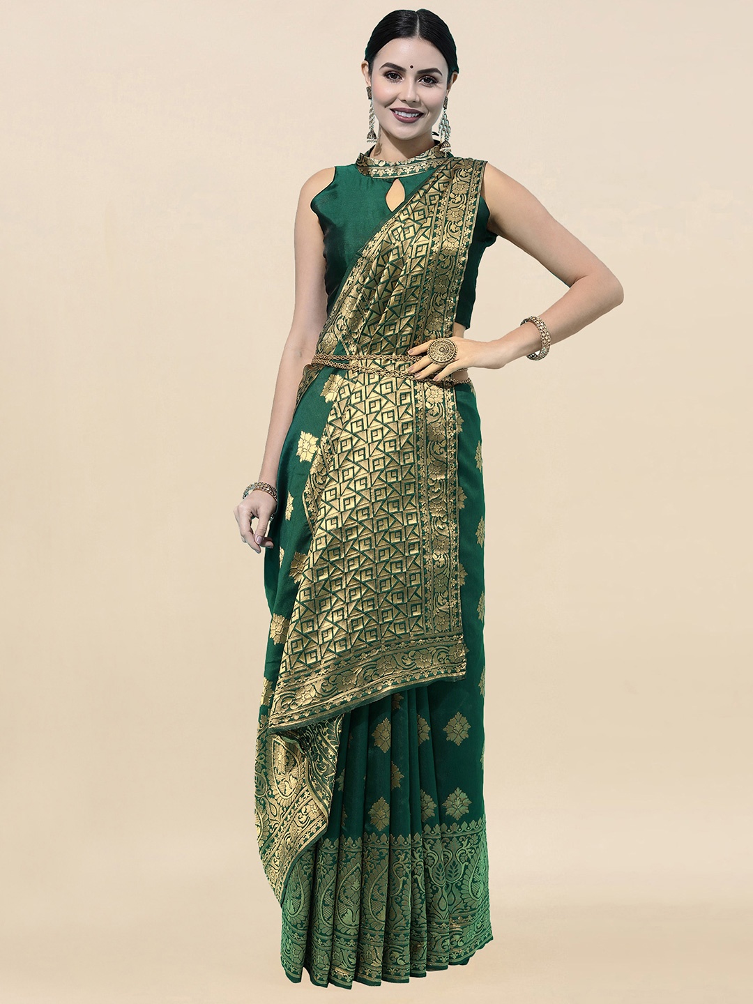 

Satrani Bottle Green Zari Banarasi Saree