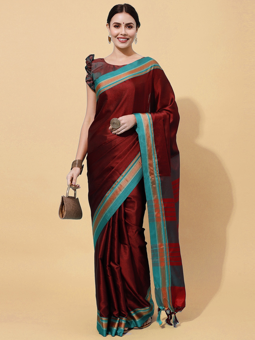 

Satrani Maroon & Blue Woven Design Zari Silk Cotton Saree